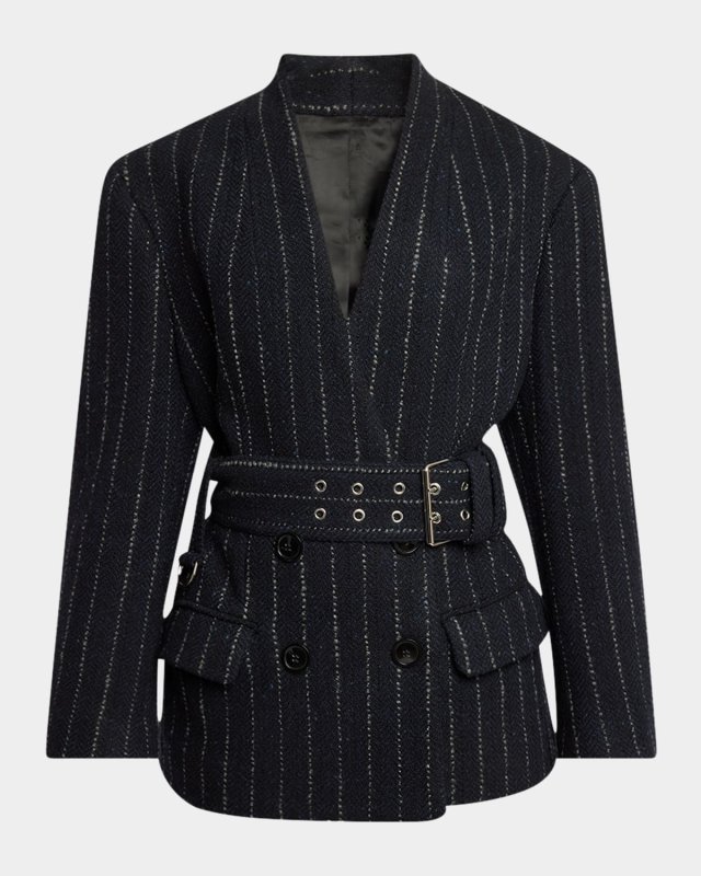 Fyma Belted Pinstripe Double-Breasted Blazer Jacket